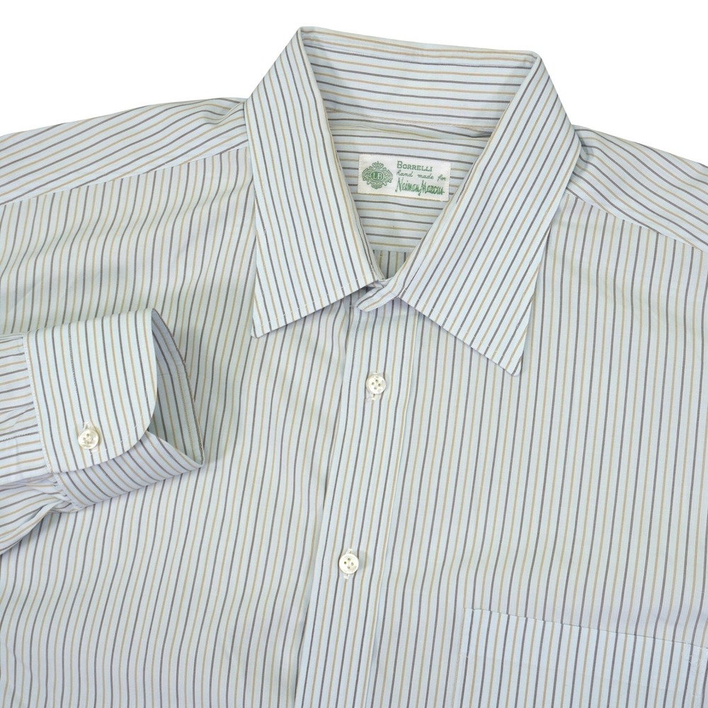Borrelli Spread Collar Button Up Dress Shirt Men 17 Large Blue Tan Striped Italy